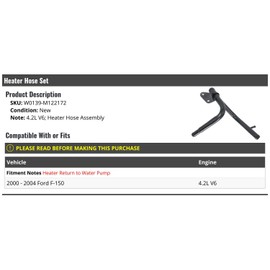 Marketplace Auto Parts Heater Hose Set - Heater Return to Water Pump - Compatible with 2000-2004 Ford F-150 4.2L V6