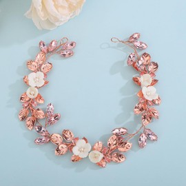Teyglen Flower Wedding Hair Vine Bridal Pink Crystal Headband Rose Gold Leaf Hair Piece Floral Flower Rhinestone Headpiece Wedding Hair Accessories for Women Girls(Rose Gold)