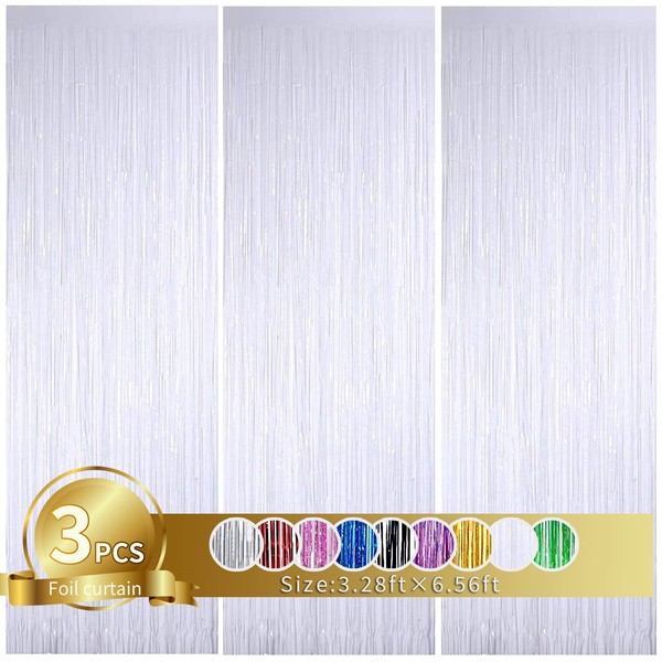 3Pcs White Metallic Tinsel Foil Fringe Curtains,3.28ft x 6.56ft White Photo Booth Backdrop Streamer,Photo Booth Props,for Party Door Wall Curtains Bachelorette Birthday, Christmas,Decorations