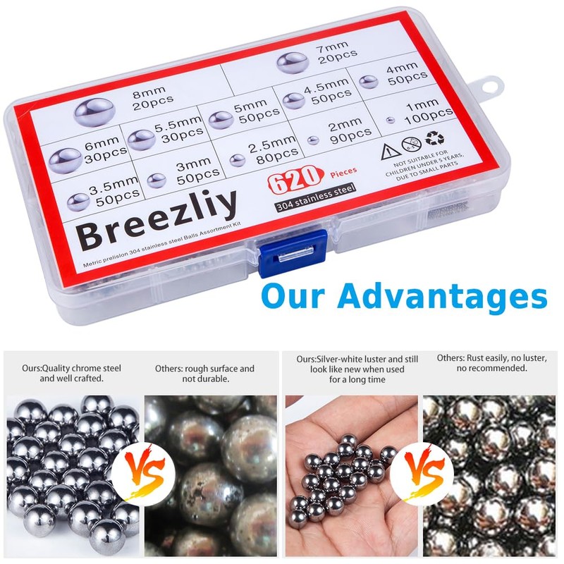 Breezliy 304 Stainless Steel Ball 620Pcs 1-8mm Metric Precision Assorted