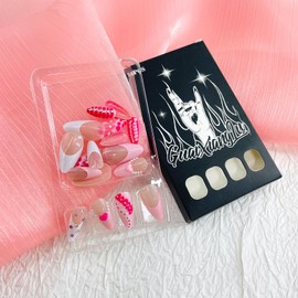 Almond Press on Nails Medium Fake Nails with Designs Rhinestone Glue on Nails French False Nails Heart Acrylic Nails Glossy Artificial Nails Full Cover Stick on Nails for Coquette Women