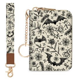 Blusabaca Credit Card Holder for Women, Goth Small RFID Blocking Wallet with Wristlet Strap, Gothic Zipper Keychain Women Wallet, Leather Card Case, Accordion Card Wallet Purse with Key Lanyard