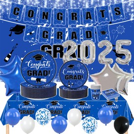 2025 Graduation Party Decorations, 195PCS Class of 2025 Decorations Include Congrats Grad Banner, Backdrop, Tablecloth,Ballons,Graduation Paper Plates,Cups and Napkins
