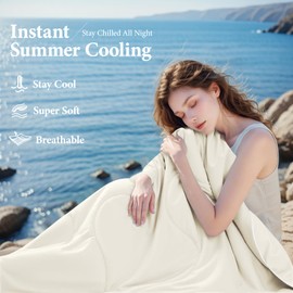 Cooling Comforter Queen Size, Cooling Blankets for Hot Sleepers and Night Sweats, Double Sided Cool Q-Max>0.45, Lightweight and Breathable Absorb Heat Soft Summer Ice Blanket 90"×90" Inches, Ivory
