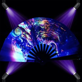 YKuzLx 13‘’ UV Glow Large Rave Fan for Men Women, Rave Essentials, Decorative Folding Hand Fan for Party, Home Decoration, Gift, Music Festival Essential, EDM Rave Accessories (Waves)