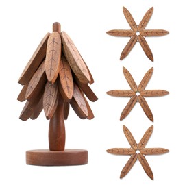 Wood Christmas Tree Coasters Set of 3, Natural Wooden Tree Trivet Set, Foldable Hot Pads, Tree Design Kitchen Hot Holder Pads, for Kitchen, Office Desk, Restaurant Cafe Coaster