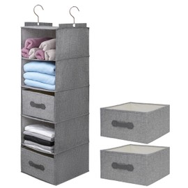 tulinstiraga Large Hanging Sweater Organizer for Closet,Collapsible 6-Shelf Hanging Closet Shelves with Drawers, Washable (Grey-5 Shelf-2 d)