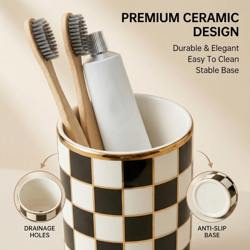 Checkered Ceramic Toothbrush Holder, Cute & Durable for Bathroom, Ideal