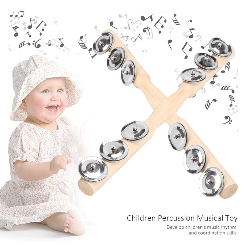 2Pcs Children Percussion Musical Toy Wooden Hand Bell Rattle Shaker