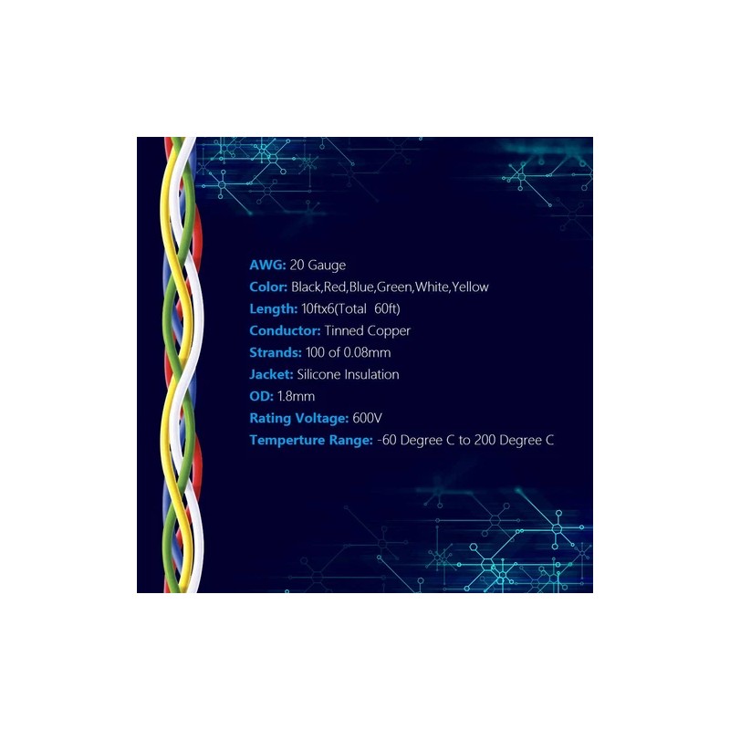 Fermerry 20 AWG Stranded Wire Spool 10ft Each 6 Colors
