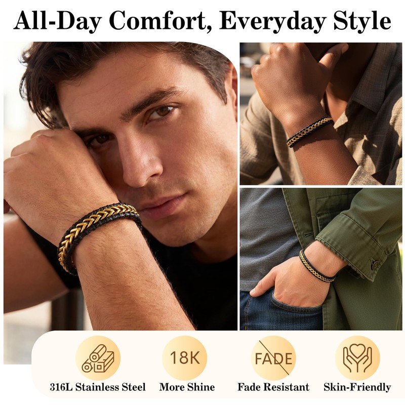 WP WEPICK Mens Bracelet Leather 18K Gold Plated Braided Cuff