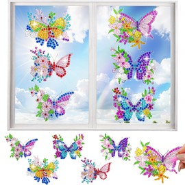 LINGFANG 6 Pcs Diamond Art Stained Glass Window Clings with Diamond DIY Pen Tools, Diamond Painting Window Stickers for Suncatchers, Diamond Art Kits for Adults, Diamond Art Accessories (Butterfly 6)