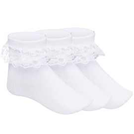 Pistha 3 Pairs Girls Ruffle Socks White Ruffled Lace Socks for Girls Toddler Frilly Dress Socks(Aged 10-15 years)