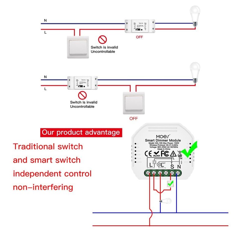 MOES Tuya WiFi Smart Light LED Dimmer Switch Module, Smart