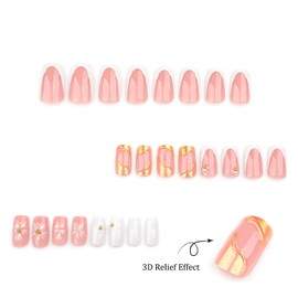 French Tip Press on Nails Summer Fake Nails Medium Square False Nails with Flower and Pearl Designs Acrylic Nails Full Cover Gold Chrome Glue on Nails for Women 24Pcs