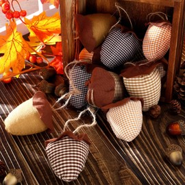 Hiboom 12 Pcs Farmhouse Fall Thanksgiving Decor Plaid Fabric Acorns Pumpkin Hanging Ornaments Autumn Tray Table Decor Thanksgiving Tree Decoration (Acorn)