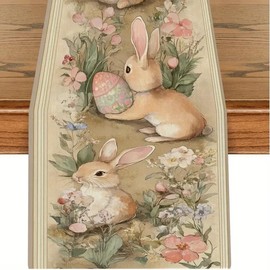 Easter Table Runner Flower Retro 13x72 Inch , Cute Rabbit Pattern Table , Easter Egg Table Runner for Holiday Celebration ,Kitchen ,Party ,Dinning Decorations
