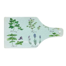 Lunarable Herb Cutting Board, Parsley Thyme Dill Basil Lavender and Oregano Fresh Plants Hand-Drawn Style Healthcare, Decorative Tempered Glass Cutting and Serving Board, Wine Bottle Shape, Multicolor