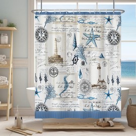 Yanutan Nautical Shower Curtain,Vintage Ocean Sea Coastal Theme Shower Curtain Set for Bathroom,Blue Starfish Conch Fabric Bath Curtain with Hooks, 72x72in