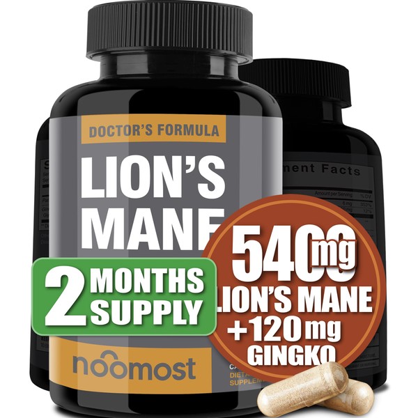 NooMost Organic Lions Mane Supplement Capsules 5400mg, Ginkgo Biloba 120mg – Vegan Lion Mane Mushroom Supplement for Cognitive Function, Mental Clarity, Focus & Memory – 2 Months