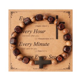 Eigso Brown Wood Beads Mala Prayer Bracelet for Men Women Stainless Steel Christian Saint Cross Wristband for Man Woman