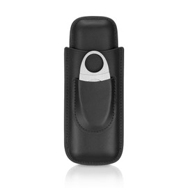 cgaplus 2-Finger Leather Cigar Case with Cutter Leather Lined Cigar Humidor Portable Travel Cigar Case Black