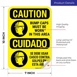 Caution Bump Caps Must Be Worn Bilingual OSHA Sign, 10x7 Inches, 4 Mil Vinyl Decal Stickers Weather Resistant, Made in USA