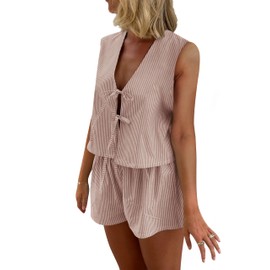 Women Casual Summer Lounge Set Y2k 2 Piece Outfits Set Sleeveless Tie Front Tank Top Vest Boxer Shorts Pj Set (Coffee Stripe, S)