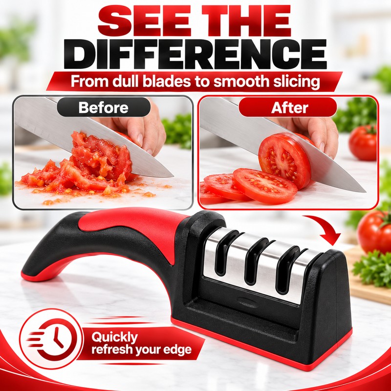 Red Carbon Steel Quick Knife Sharpener with Non-Slip Base for