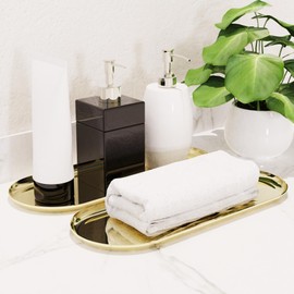 AquaChase 2 Pack Golden Bathroom Sink Vanity Decorative Tray, 12in Oval Trinket Storage for Dresser Counter, Stainless Steel Decor Jewelry Dish Tray, Perfume Candle Key Valet Organizer