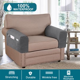 Turquoize Waterproof Armrest Covers for Chairs and Sofas Armrest Covers Couch Arm Covers for Sofa with Side Pocket Anti-Slip Furniture Protector Washable Armrest Slipcovers Set of 2, Gray