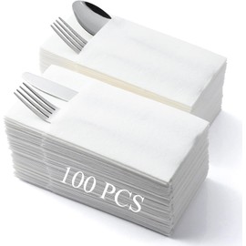 LEKOCH Pack of 100 Disposable Cutlery Napkins, White, Air Laid Fabric-Like Napkins, Pre-Folded, Cutlery Bag for Wedding, Premium Quality, 43 x 30 cm