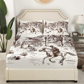 Erosebridal - Sábana bajera de vaquero tamaño Queen, sábanas occidentales para niños y hombres, ilustración dibujada a mano de caballo American Wild West Adventure Sábanas montañas, desierto, cactus decoración de recámara, juego de ropa de cama de 3 piez