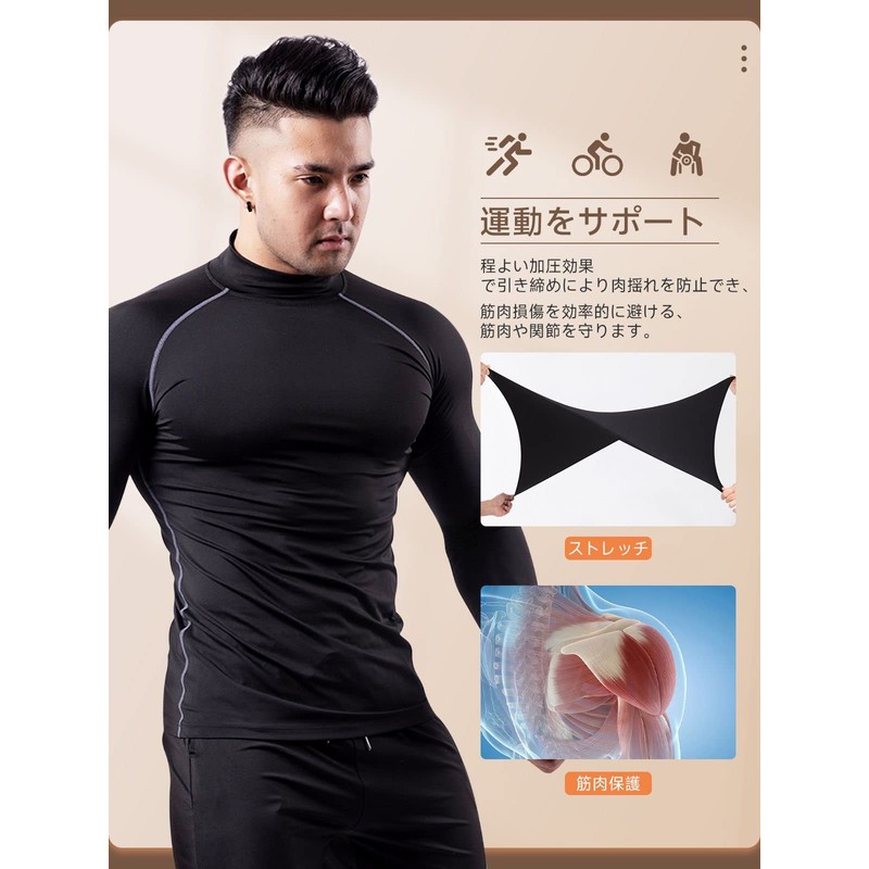 THREEGUN Men's Compression Top, Fleece Lined, High Neck, Undershirt, Long