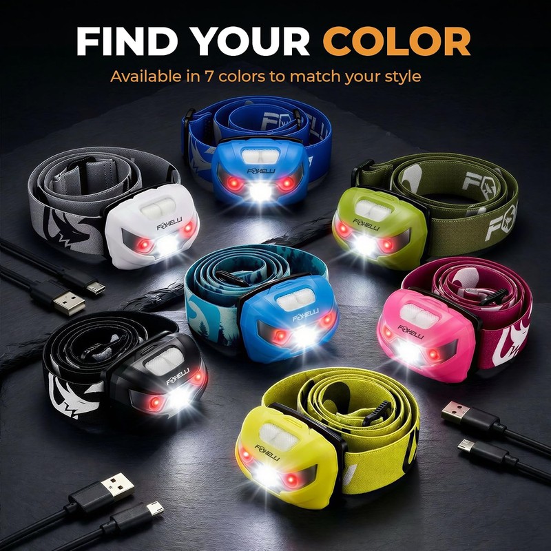 Foxelli USB-C Rechargeable LED Headlamp – Super Bright, Lightweight Head