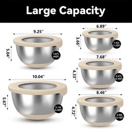 KITEISCAT Stainless Steel Mixing Bowls with Airtight Lids Set of 5, Nesting Mixing Bowls for Kitchen, Khaki, Dishwasher Safe, Non-Slip, Multi-Purpose for Cooking, Baking, Prepping & Food Storage