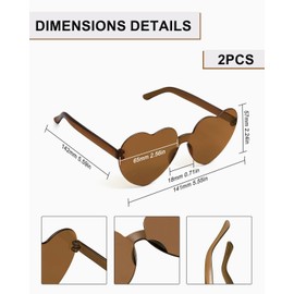 BARRU 2 Pack Heart Shaped Sunglasses Multicolor Rimless Heart Shape Fashion Heart Oversized Fashion Sunglasses Glasses for Women Brown