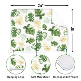 Tailus Spring Summer Palm Leaves Dish Drying Mat for Kitchen Counter, Gold Monstera Tropical Microfiber Absorbent Dish Drainer Mat, Hawaii Seasonal Reversible Drying Pad Home Decor 18 x 24 Inch