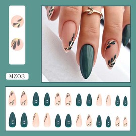 Almond Press on Nails Short Almond Fake Nails Green False Nails Press ons with Design Green Leaf Matte Acrylic Nails Glossy Full Cover Glue on Nails Artificial Stick on Nails for Women Manicure 24Pcs