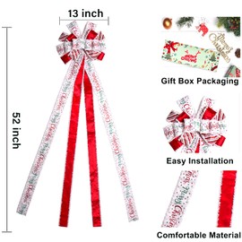Christmas Tree Topper Bow Christmas Wreath Bow 52x13 Inches Large Burlap with White Red Polyester Edge Gift Bow for Xmas Tree Décor Christmas Home Indoor Outdoor Decoration