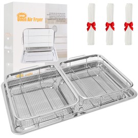 Foedo Divided Air Fryer Basket for Oven with 100 PCS Parchment Parper - 18 Inch Tray & 12 Inch Dual Zone Basket Adjustable Divider, Stainless Steel Oven Rack for Cooking Baking and Broiling