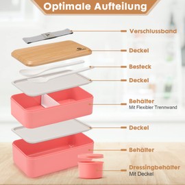 Sinnsally Lunch Box Japanisch für Erwachsene,1400ml Brotdose Kinder mit Fächern,Bento Lunchbox mit Besteck/Unterteilung,Vesperbox,Brotzeitbox Brotbox,Essensbox Frühstücksbox Vesperdose Jausenbox(Rosa)
