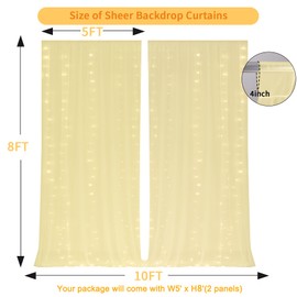 GALLETY 10 FT x 8 FT Champagne Backdrop Curtain - Tulle Backdrop Curtain with Lights String - Sheer Backdrop Curtains with 4 Inch Rod Pockets for Birthday Weddings Baby Shower Theme Party Decorations