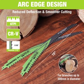 WORKPRO 15" Japanese Teeth Wood Pruning Reciprocating Saw Blades Set, Arc Cutting Edge 6TPI Pruning Saw Blades for Tree Pruning, Wood Cutting, Durable & Sharp, 5 Pack