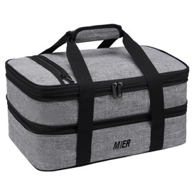 MIER Insulated Double Casserole Carrier Thermal Lunch Tote for Potluck Parties, Picnic, Beach, Fits 9 x 13 Inches Casserole Dish, Expandable by Mid Zipper, Gray