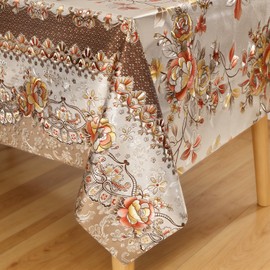 FAVE Peony Gold Tablecloths Vinyl Tablecloth for Kitchen Dining Table Wipeable PVC Tablecloth Cover for Rectangle Table for Wedding, Banquet, Birthday, Party, Restaurant (Gold,54”x54”