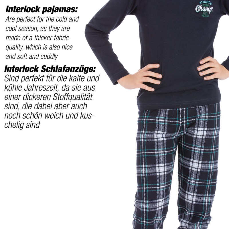 LOREZA ® Boys' Pyjamas Long Sleeve 100% Cotton Interlock Checked