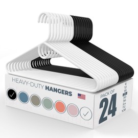 24pk Made in USA Heavy Duty Plastic Clothes Hangers, 20 30 50 100 Pack Available, Strong Plastic Hangers, Jacket Coat Hangers, Thick Plastic Hanger for Closet and Clothing Hangars (White/Black)