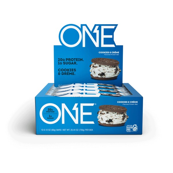 ONE Protein Bars, Cookies & Creme, Gluten Free Protein Bars with 20g Protein and Only 1g Sugar, Guilt-Free Snacking for High Protein Diets, 2.12 oz (12 Count)