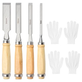 APOMOONS 4-Piece Chisel Set for Wood 6, 12, 18, 24 mm Sharp Rig Wood Chisel Set for DIY Woodworking Wood Carving with Wooden Handles, Impact Cap, 2 Pairs Gloves and Carry Bag